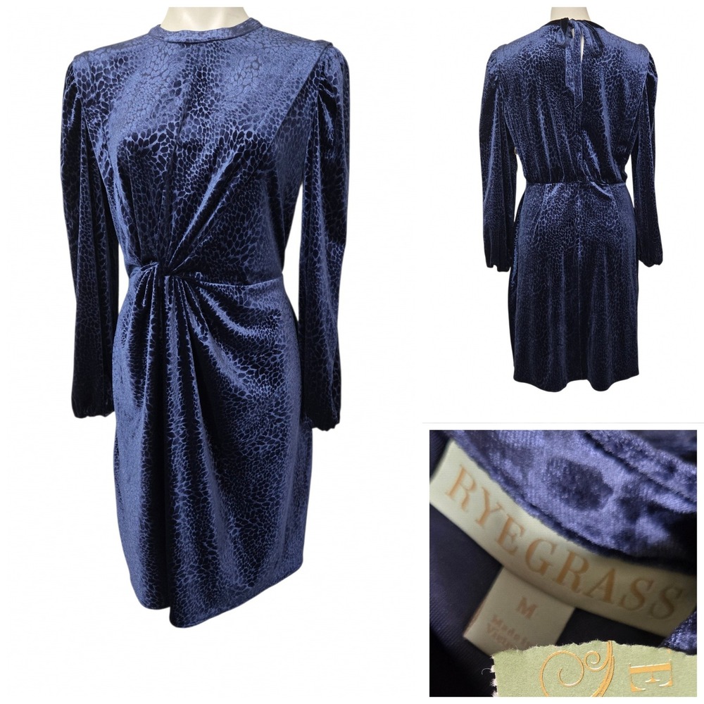 Ryegrass Navy Blue Velvet Animal Print Twist Front Midi Dress Long Sleeve Size M